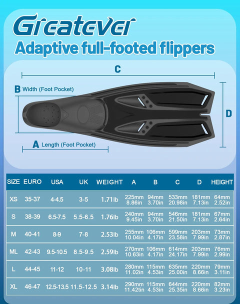 Size chart for black snorkel fins showing dimensions and weights, featuring Snorkel Fins With Full Foot Pocket For All Day Wear.