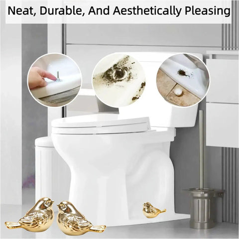 Upgrade Your Bath Setup With These Fresh Golden Bird Ceramic Toilet Bolt Caps, showing gold bird designs by clean white toilet setup.