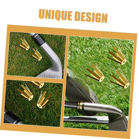 Straight Up Solid Universal Brass Golf Shaft Shim Set Five Piece Kit arranged near golf club on grass surface.