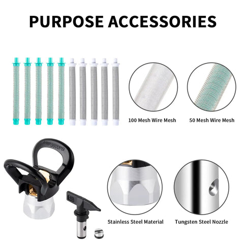 Hassle Free Airless Paint Spray Gun Kit With Five Reversible Tips Ten Spare Mesh Filters And Safety Nozzle Guard accessories including mesh filters and nozzle.