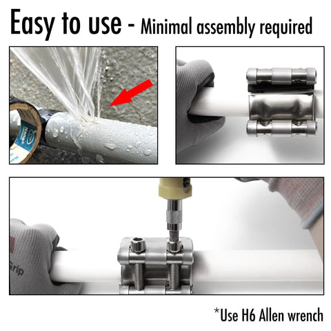 Vouyar pipe repair clamp for 3/4 in OD pipes (19–21mm), 3mm thick metal body with leak-sealer kit and Allen wrench