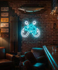 Ice Blue Crossed Fish Hook Neon Sign LED Light Dimmable Wall Decor For Tackle Shops Yachts Man Caves And Fishing Rooms A Dope Gift For Dads Who Live To Fish 17.6 By 13.6 Inches glowing on brick wall in rustic room.