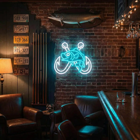 Ice Blue Crossed Fish Hook Neon Sign LED Light Dimmable Wall Decor For Tackle Shops Yachts Man Caves And Fishing Rooms A Dope Gift For Dads Who Live To Fish 17.6 By 13.6 Inches glowing on brick wall in rustic room.