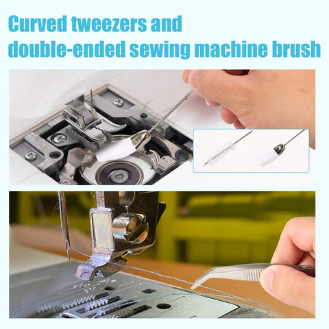 Handy 14Pcs Sewing Machine Cleaning Kit Pro Grade Repair Tools, using double-headed brush and tweezers for sewing machine maintenance.