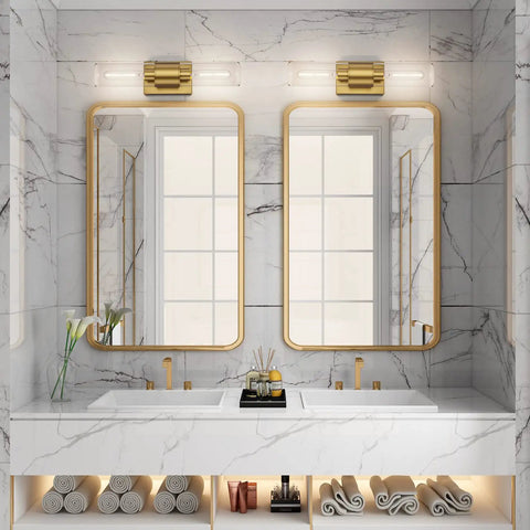 Stylish Modern 2 Light Vanity Light Fixture In Matte Gold With Clear Glass Up And Down Wall Sconces Over Bathroom Mirror