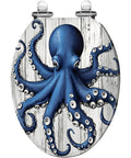 Elongated Resin Octopus Toilet Seat for Bathroom featuring a blue octopus design on a wooden background.