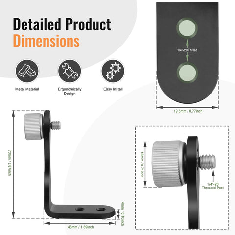 Detailed dimensions of Binocular Tripod Mount With Quick Release Universal L Type Aluminum Mount showing threading and design.