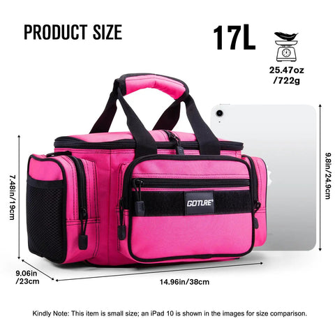 Pink 600D Water-Resistant Fishing Tackle Bag With Soft Side Crossbody Sling, shown with iPad for size comparison, fits 3 3600 tackle boxes.
