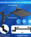 High Pressure Handheld Shower Head Set with 59 Inch Stainless Steel Hose and 8 Inch Square Rain Head, adjustable extension arm