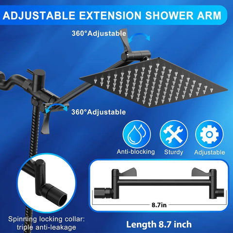 High Pressure Handheld Shower Head Set with 59 Inch Stainless Steel Hose and 8 Inch Square Rain Head, adjustable extension arm