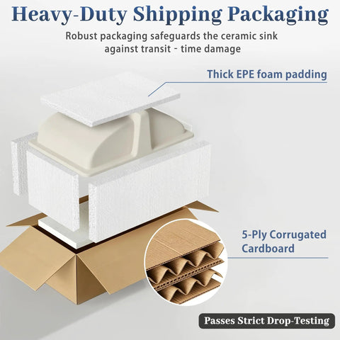 IBVIVIC Undermount Bathroom Sink, 14.4x12.7 Inch White Rectangle Porcelain Ceramic Vessel Sink packaged with thick foam and 5-ply cardboard.