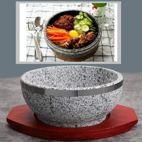 Stone Casserole Bowl With Wood Base For Bibimbap And Korean Stews, Heat Retaining Earthenware Pot, 6 Inch Diameter, Stone Color.