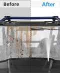 Universal Windshield Washer Pump Reservoir Kit 12V with Fluid Tank, showcasing before and after cleaning effect on vehicle windshield.