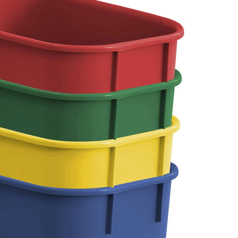 Four Pack Color Coded Recycling Bins Set With 3.25 Gallon Capacity Each In Metal Yellow Paper Blue Glass Green Plastic Red For Office School Or Home Use