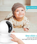 2K HD Pet Camera With 360 Degree Pan Tilt 8X Optical Zoom Night Vision Motion Tracking Alarm Cloud Or Local SD Storage One Tap Call For Baby Monitor Phone App Control Indoor Home Security Camera For Pets And Family shown with a baby in a nursery.