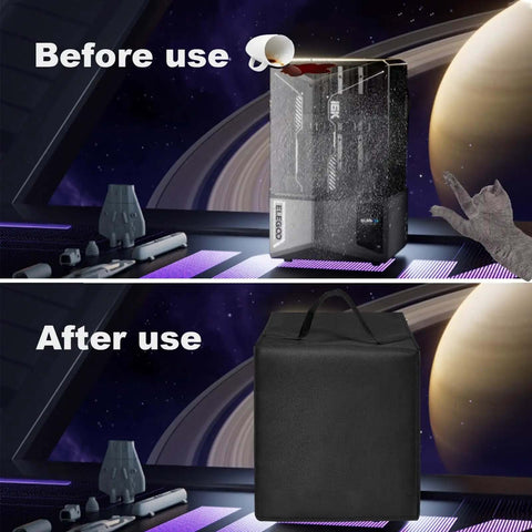 Before and after use of Heavy Duty Waterproof Anti Static Nylon Dust Cover For Saturn 4 Ultra 16K Resin 3D Printer Universal Protective Case.