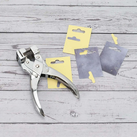 Heavy Duty T Slot Hole Punch Handheld Tool For ID Cards Plastic Cardstock Cardboard And PVC with sample punched cards on wood