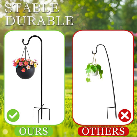 Comparison of Shepherds Hooks For Outdoor 42 Inch Garden Bird Feeder Pole With Five Prongs Base Adjustable and a less stable hook.