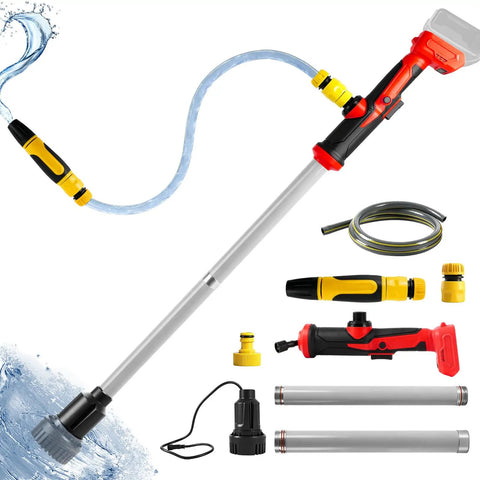 Cordless Water Transfer Pump, Brushless 1400 GPH Stick Pump, Milwaukee M18 Battery Compatible, accessories shown