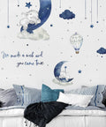 Watercolor Blue Grey Sleeping Elephant Wall Decals For Nursery And Kids Room With Moon Star Cloud Stickers And Hot Air Balloon Decor Kid Friendly Cozy Vibe Wall Art Perfect For Baby Showers Playrooms And Toddler Bedrooms