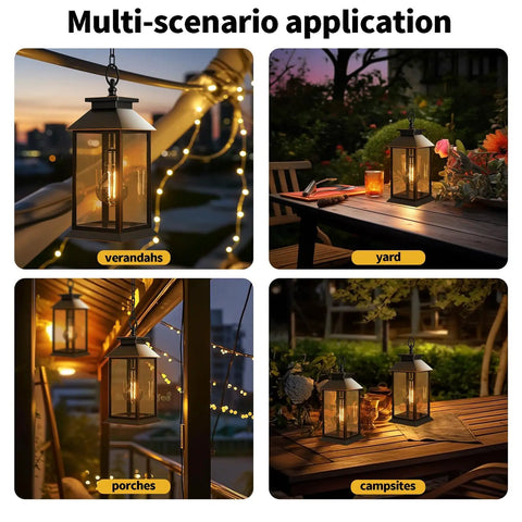 2 Pack Dope Outdoor Solar Lanterns With Hanging Glass Lights Waterproof Dual Power Solar Or 2 AA Batteries on table and yard