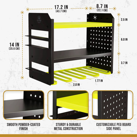 Heavy Duty Power Tool Organizer Wall Mount Rack Three Tier Steel Rock Solid Storage With Four Drill Slots Pegboard
