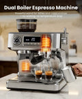 Professional Dual Boiler Espresso Machine With Integrated Grinder And Auto Milk Steamer Delivering Real Deal 20 Bar Pressure For Your Ultimate Daily Grind Setup with freshly brewed espresso.