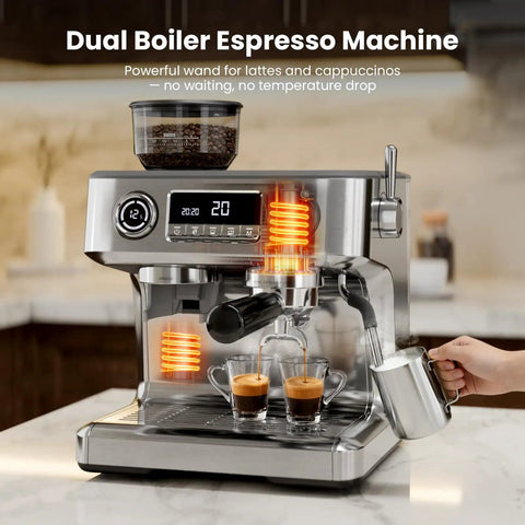 Professional Dual Boiler Espresso Machine With Integrated Grinder And Auto Milk Steamer Delivering Real Deal 20 Bar Pressure For Your Ultimate Daily Grind Setup with freshly brewed espresso.