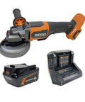 18V Brushless Cordless 4-1/2 Inch Angle Grinder Kit with 4.0Ah battery and charger, visible paddle switch, and tool-free adjustments