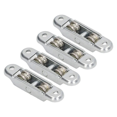 Heavy Duty Stainless Steel Double Wheel Roller Pulleys 4 Pack Dead Silent Glide Track Wheels For Sliding Closet Doors And Cabinet Windows Easy Swap Smooth Ride, close-up view of rollers.