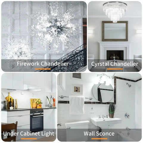 Firework chandelier, crystal chandelier, kitchen under cabinet light, bathroom wall sconce in home lighting setup