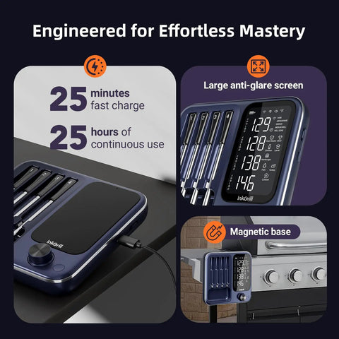 Smart Wireless Meat Thermometer With Four Probes And IP67 Waterproof Design, Dual Sensors Per Probe For Accurate Readings, WiFi Unlimited Range With Real Time Monitoring, Bluetooth Up To 300 Ft For Cookin, BBQ, Grillin, Oven, Smoker. Magnetic base, large screen.