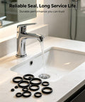 Premium 250 Piece O Ring Assortment Kit With 15 Sizes Nitrile Rubber Seals on bathroom sink, faucet, water running