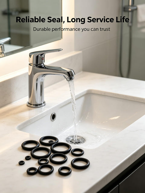 Premium 250 Piece O Ring Assortment Kit With 15 Sizes Nitrile Rubber Seals on bathroom sink, faucet, water running
