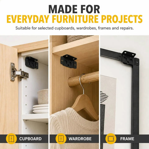 Eight Pack Quick Fitting Furniture Joint Brackets With Screws Heavy Duty Steel Right Angle L Shape Corner Braces in cupboard, wardrobe, frame