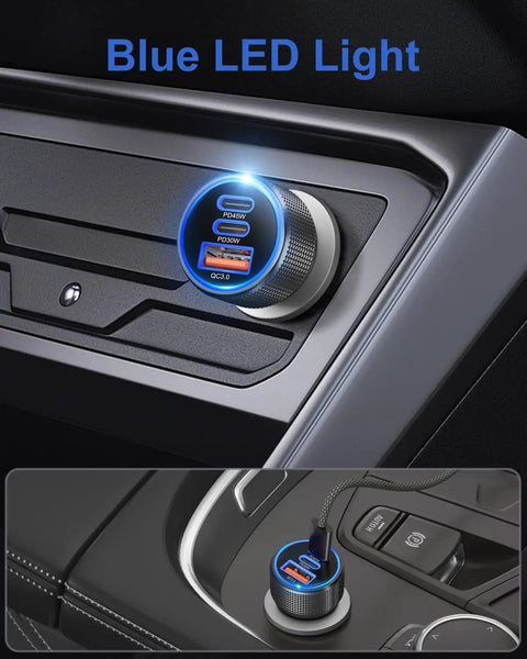 Hella Fast 93W Usb C Car Charger With 45W And 30W Pps Ports Pd3.0 Quick Charge, blue LED light, dual USB ports.
