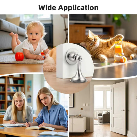 Heavy Duty Magnetic Door Stopper Set In Brushed Nickel For Bottom Of Doors That Keeps Doors Open Wall And Floor Mount Stainless Steel Door Catch 2 Pack installed in home setting
