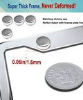 2 Pack Heavy Duty Stainless Steel License Plate Frame Mirror Polished Front And Rear Car Tag Holder With Screws And Chrome Caps Rustproof Metal Construction, corner detail next to coin, showing thickness and chrome caps.