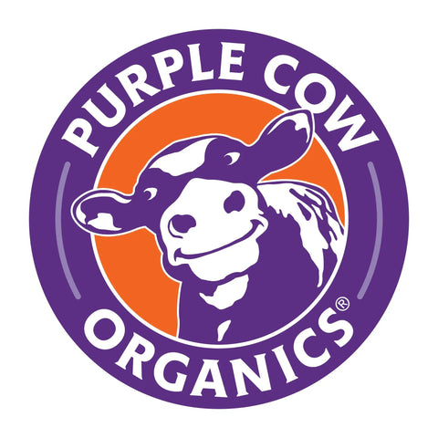 Purple Cow Organics logo featuring a smiling cow.