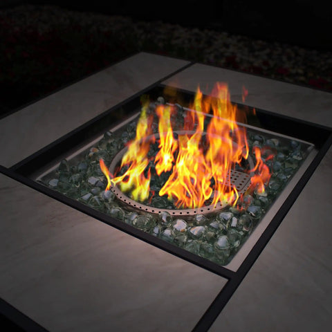 30-Inch Propane Fire Pit With Real Ceramic Tabletop And Glass Rock, 50000 BTU Outdoor Gas Fire Table With Lid, flames visible