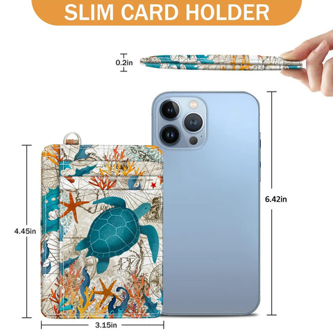 Sea Turtle RFID Credit Card Holder Wallet For Women Ultra Slim Front Pocket Card Case, showing size comparison with phone.
