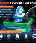 Heavy Duty Electric Vehicle Diagnostic Scanner For Hybrid Whips Featuring Bidirectional Controls Battery Pack Analysis And High Voltage Checks For Tesla And Bmw Rigs with a green protective case and 7-inch touchscreen.