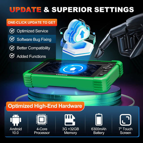 Heavy Duty Electric Vehicle Diagnostic Scanner For Hybrid Whips Featuring Bidirectional Controls Battery Pack Analysis And High Voltage Checks For Tesla And Bmw Rigs with a green protective case and 7-inch touchscreen.