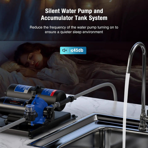 Silent 110V Water Pump With Pre-Pressurized 1L Accumulator Tank, Quiet Water Transfer System next to running kitchen faucet