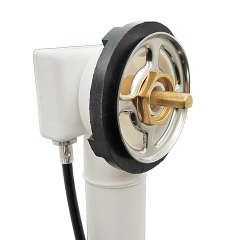 No Sweat Installation 27 Inch Cable Drive Bath Drain Trim Kit featuring brass rotary overflow knob and secure pop up stopper in white.