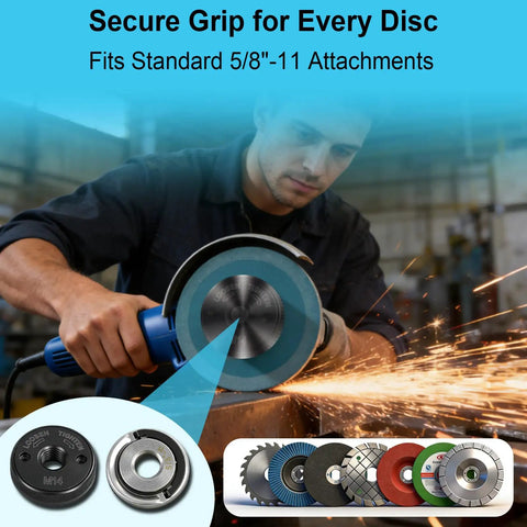 Worker using angle grinder with 2-Piece 5/8-11 Angle Grinder Flange Nut Kit With M14 Locking Nut, tool-free quick release