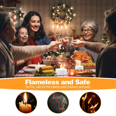 Smiling family dinner with LED Tea Lights Battery Operated Pack Of 12 24 50 100 200 400 Flickering Warm White Realistic Candlelight on table