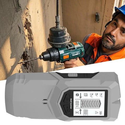 Stud Finder Depth Recognition LCD Display Audio Alarm Detector displayed with a drill, ideal for detecting studs in walls.