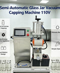 Hella Compatible 110V Semi Automatic Vacuum Capping Machine With 2.7 Inch Bottle Opening And Adjustable 4.7 To 5.9 Inch Height Featuring A Dead Simple 7 Inch Touchscreen For No Fuss Sauce Jam Canning in a modern kitchen setting.