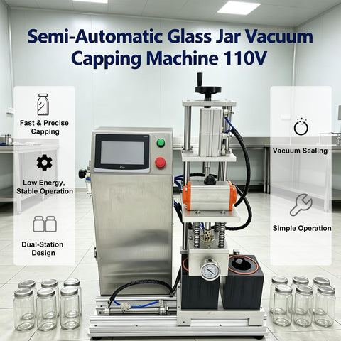 Hella Compatible 110V Semi Automatic Vacuum Capping Machine With 2.7 Inch Bottle Opening And Adjustable 4.7 To 5.9 Inch Height Featuring A Dead Simple 7 Inch Touchscreen For No Fuss Sauce Jam Canning in a modern kitchen setting.